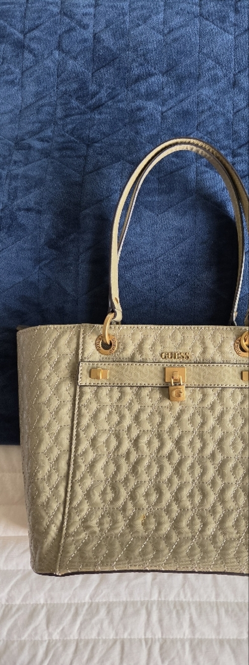 Guess Beige Quilted Satchel with Gold Hardware